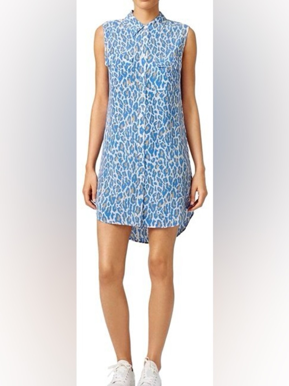 Equipment Silk Blue Leopard Print Sleeveless Shirt Dress